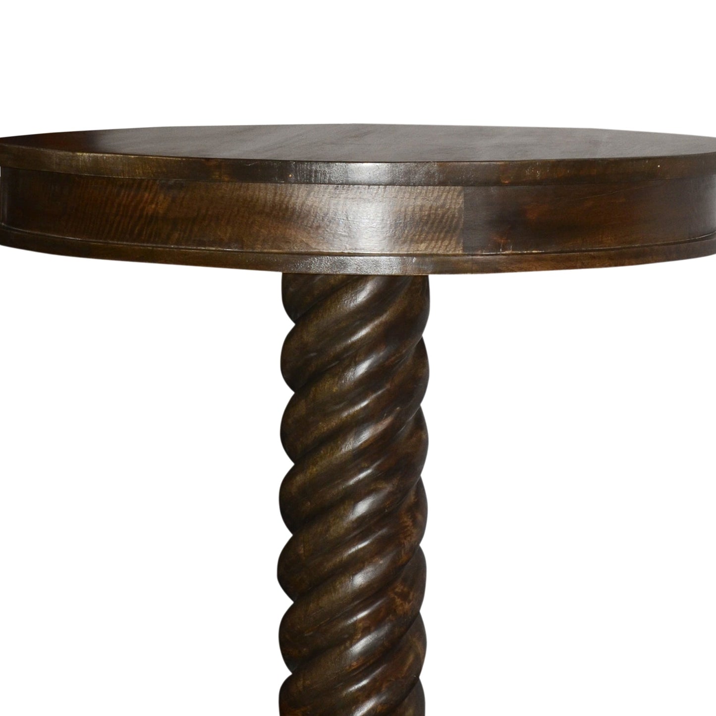 Benzara UPT-213135 Dark Brown Round Mango Wood Table With Twisted Pedestal Base and Molded Top